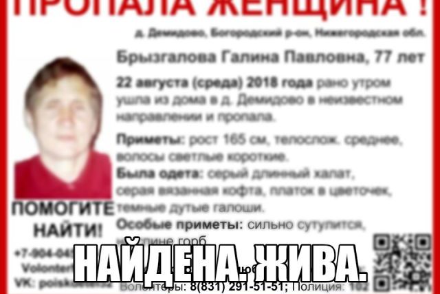 Галина Брызгалова, пропавшая в Богородском районе, найдена живой