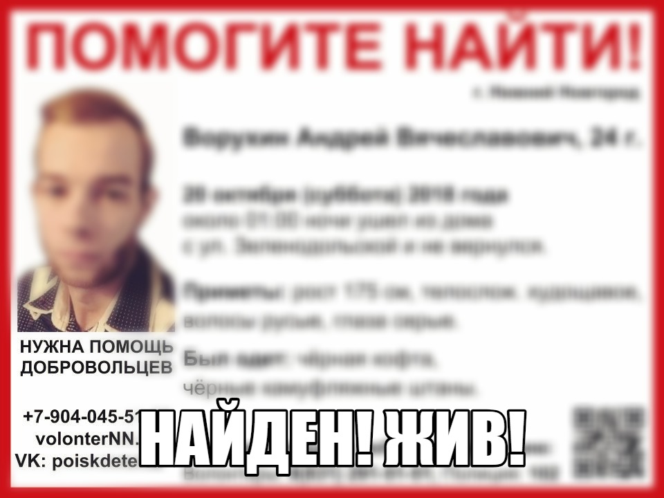 Андрей Ворухин, пропавший в Нижнем Новгороде 20 октября, найден живым