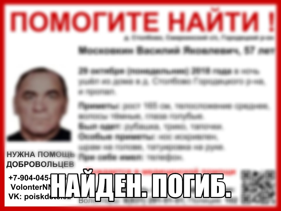 Василий Московкин, пропавший в Городецком районе, найден погибшим