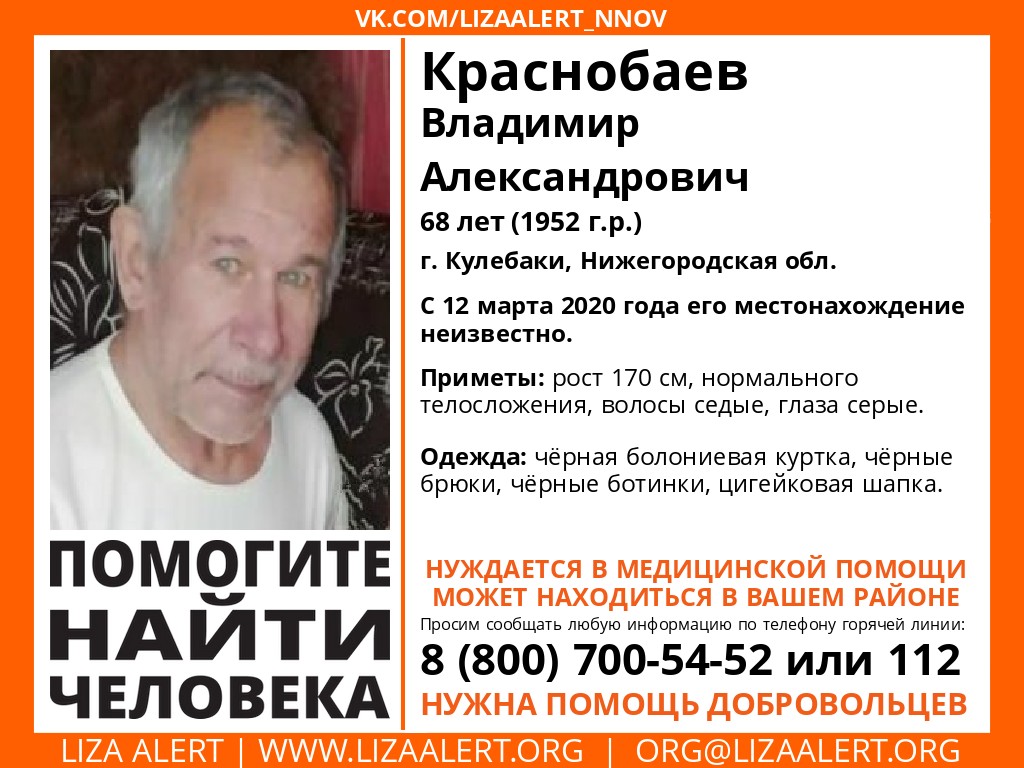 68-летний Владимир Краснобаев пропал в Кулебаках