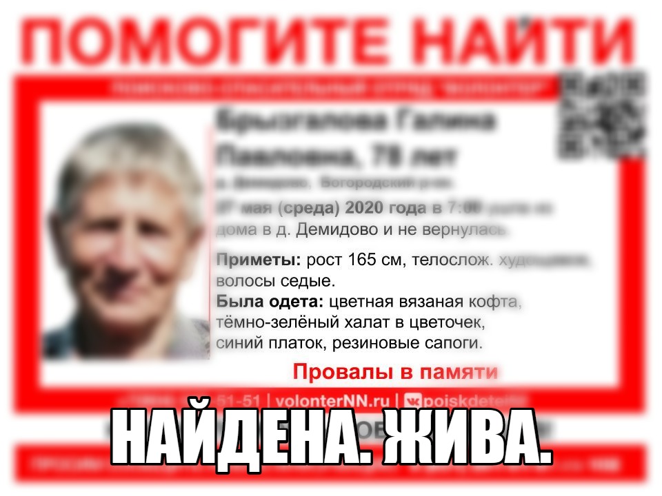 Пропавшую в Богородском районе Галину Брызгалову нашли живой