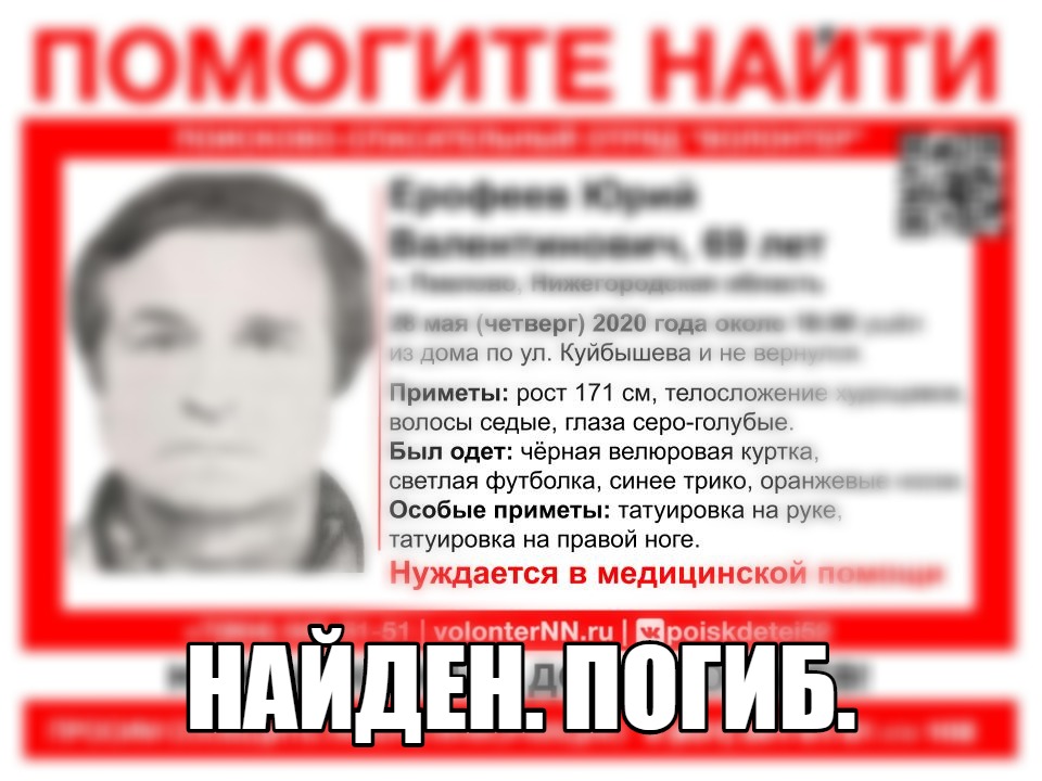 Пропавший в Павлове 69-летний Юрий Ерофеев найден погибшим