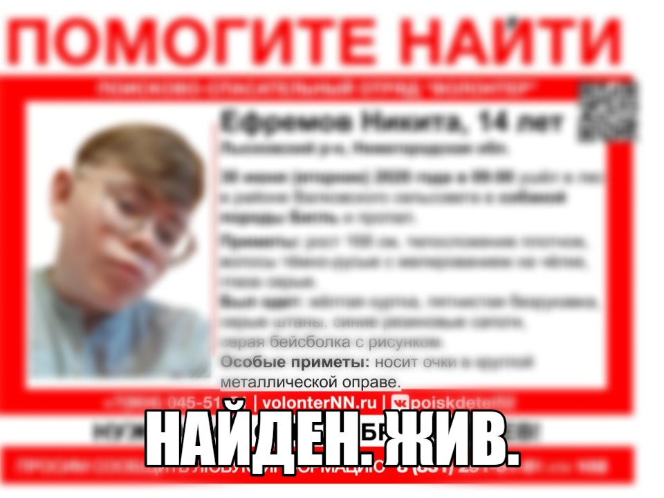 Пропавшего в Лысковском районе 14-летнего Никиту Ефремова нашли живым
