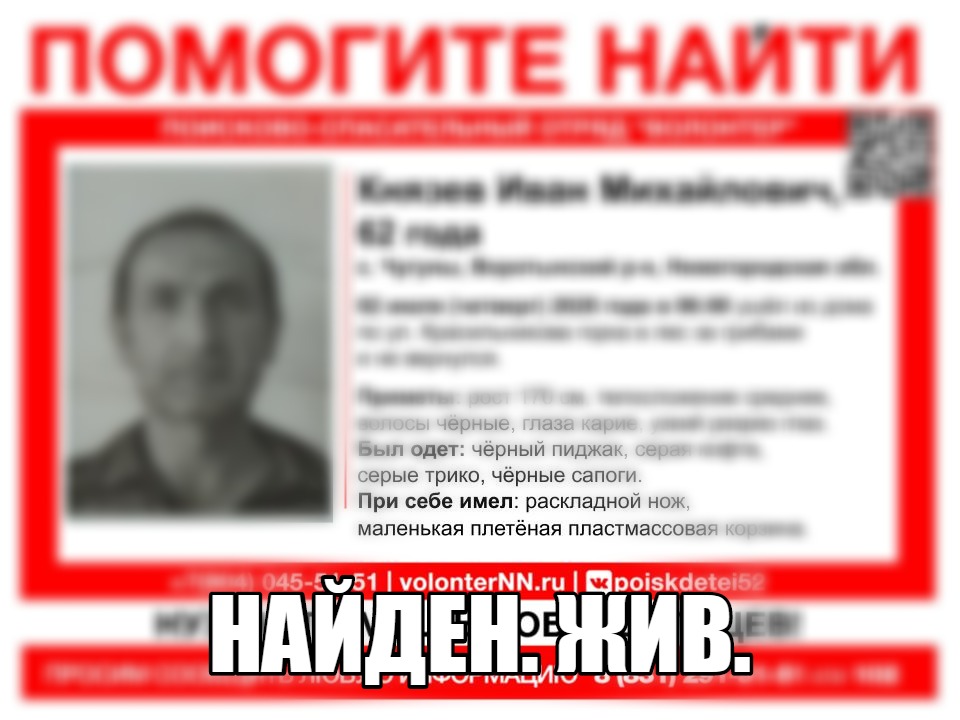 Иван Князев, пропавший в Воротынском районе, найден живым