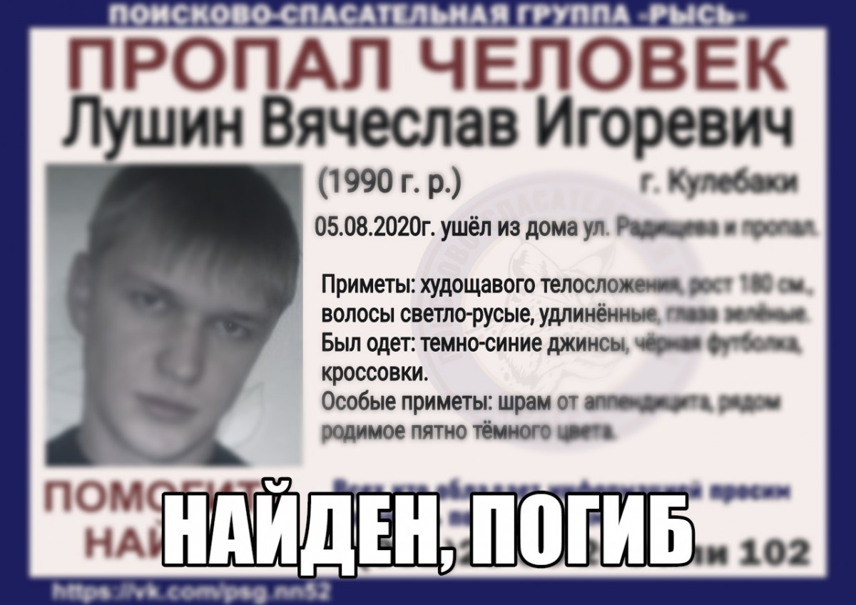 30-летнего Вячеслава Лушина, пропавшего в Кулебаках, нашли мертвым