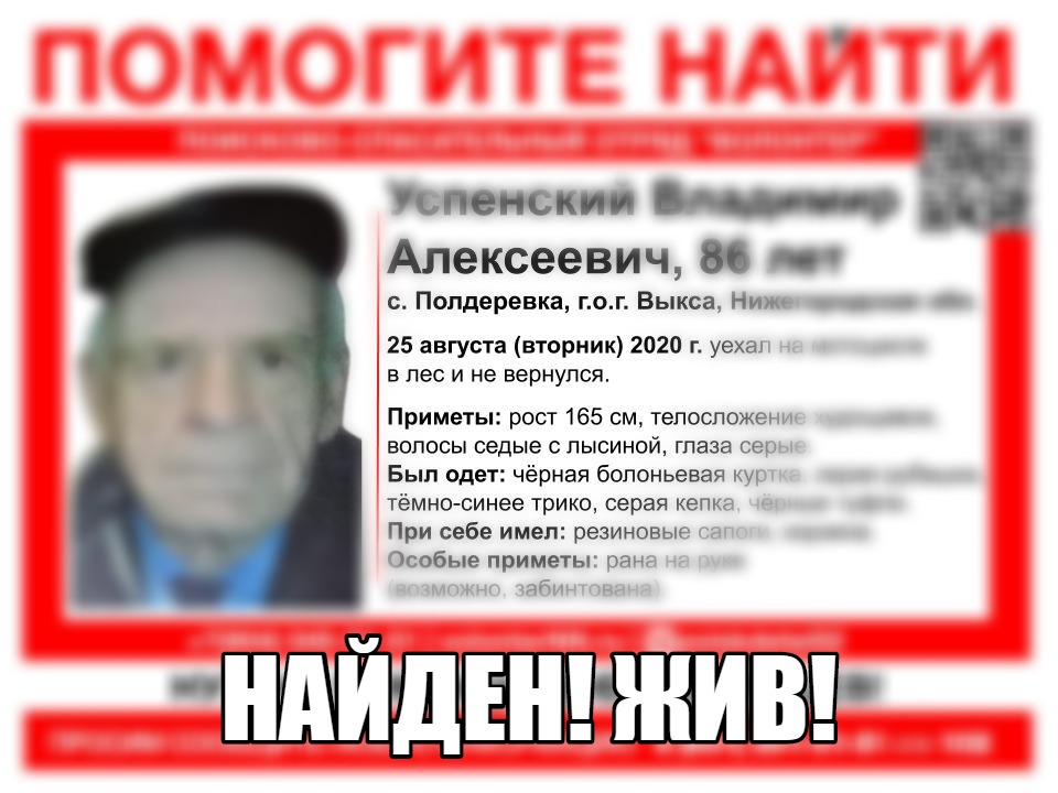 86-летнего Владимира Успенского, пропавшего в городском округе Выкса, нашли живым