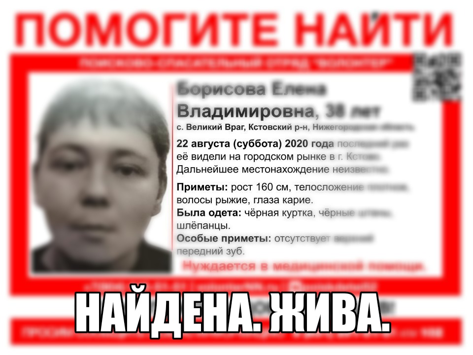 Жительница села Великий Враг Елена Борисова найдена живой