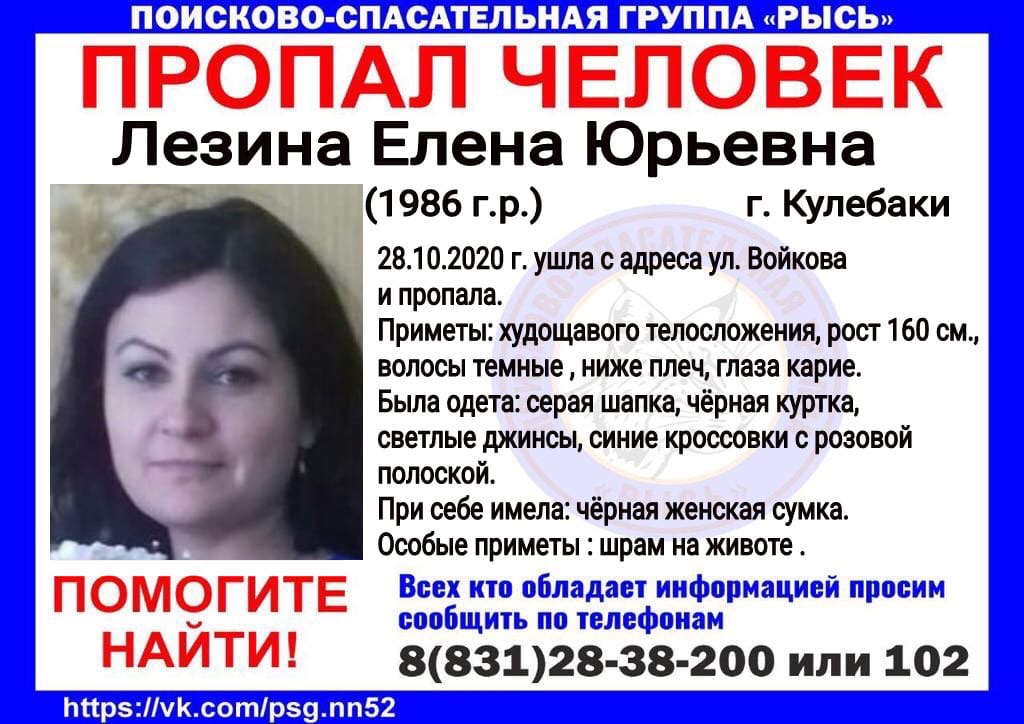 34-летняя Елена Лезина пропала в Кулебаках