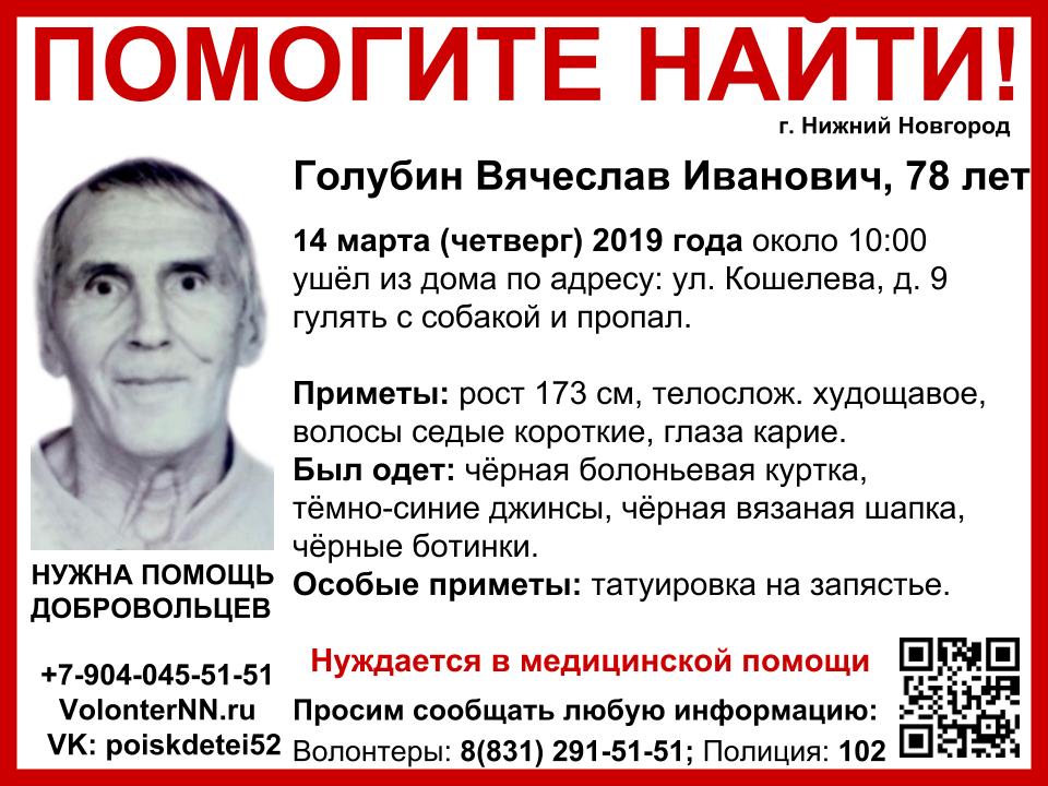 Пенсионер Вячеслав Голубин пропал в Нижнем Новгороде во время прогулки с собакой