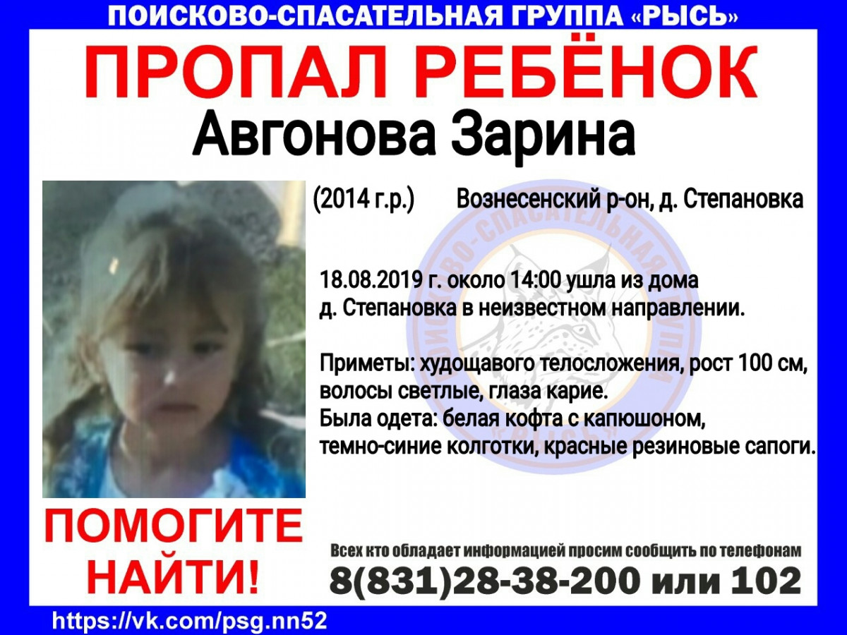 Поиски пятилетней Зарины Авгоновой в Вознесенском районе продолжаются