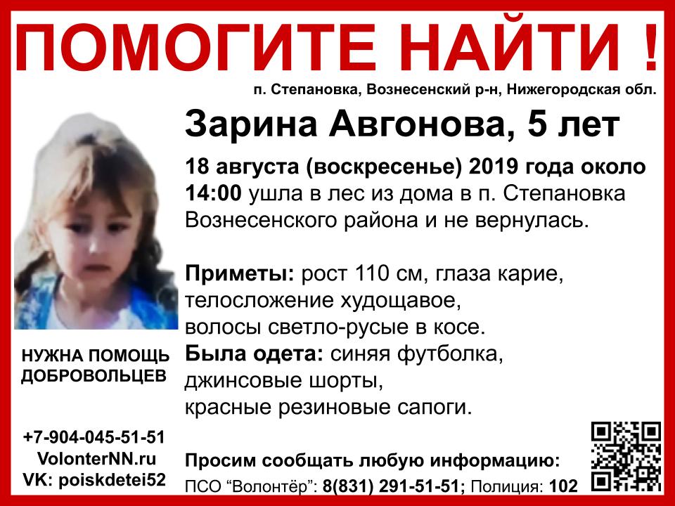 Пятилетняя За­ри­на Ав­го­но­ва пропала в Воз­не­сен­ском рай­оне