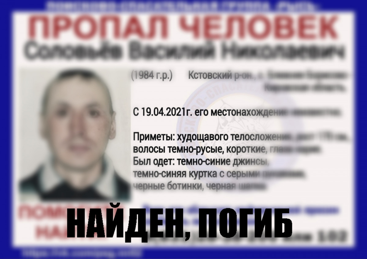 Найдено тело пропавшего в Кстовском районе Василия Соловьева