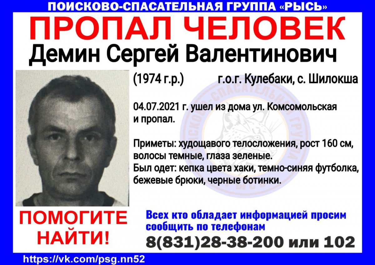 47-летний Сергей Демин пропал в Кулебакском районе