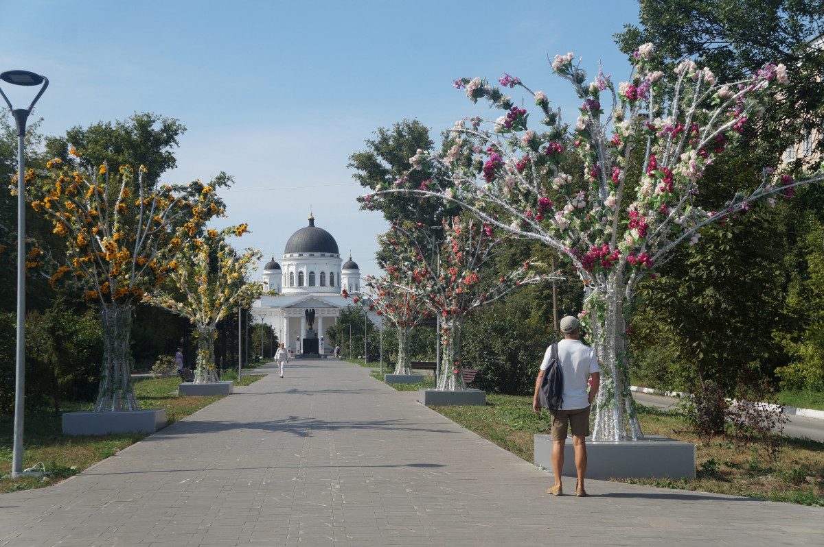 Деревья с искусственными цветами установили на Ярмарочном проезде в Нижнем Новгороде
