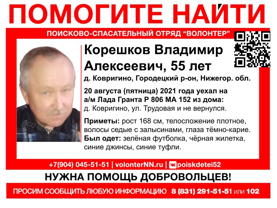 55-летний Владимир Корешков пропал в Городецком районе