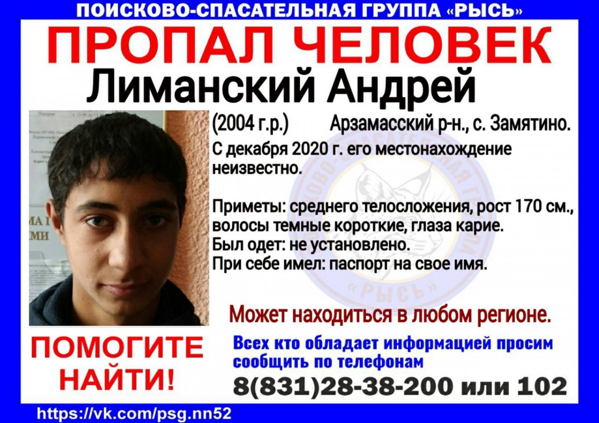 17-летний Андрей Лиманский пропал в Арзамасском районе
