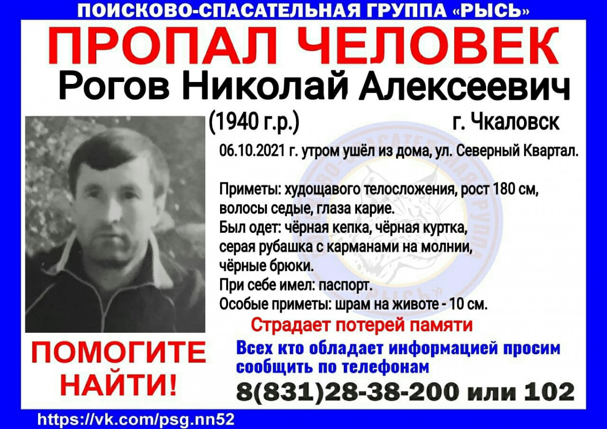 81-летний Николай Рогов пропал в городе Чкаловск