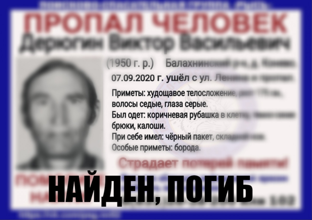 Пропавшего в Балахнинском районе Виктора Дерюгина нашли погибшим