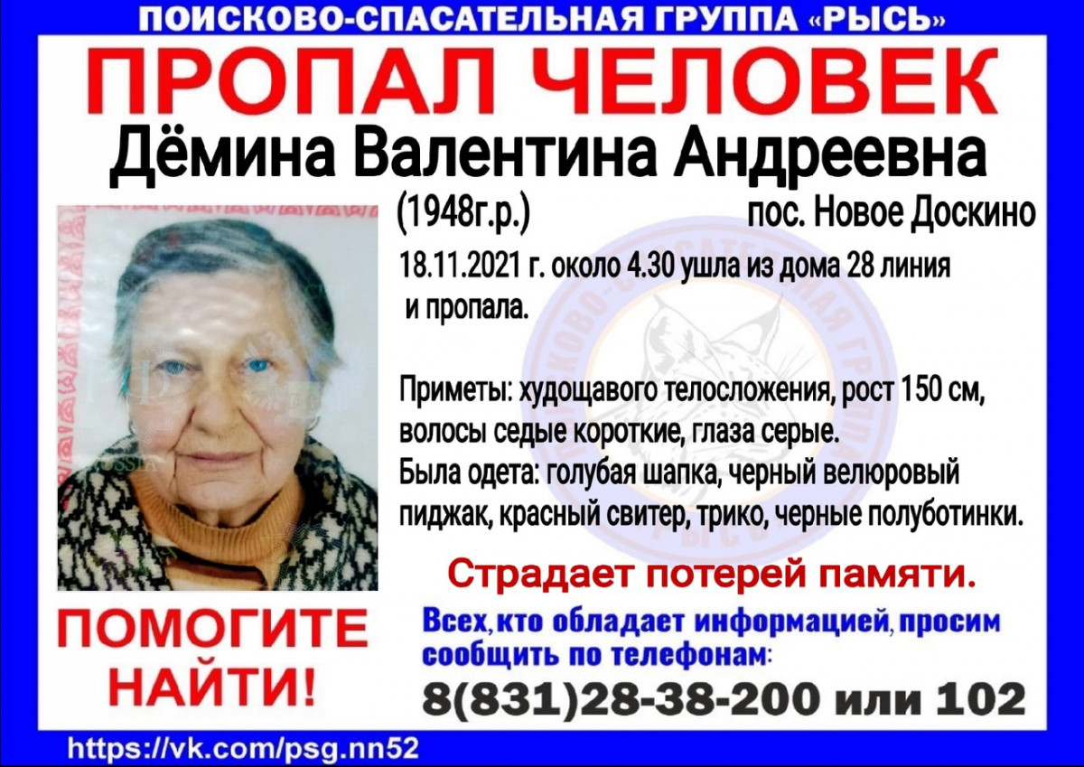 Валентина Дёмина пропала в поселке Новое Доскино
