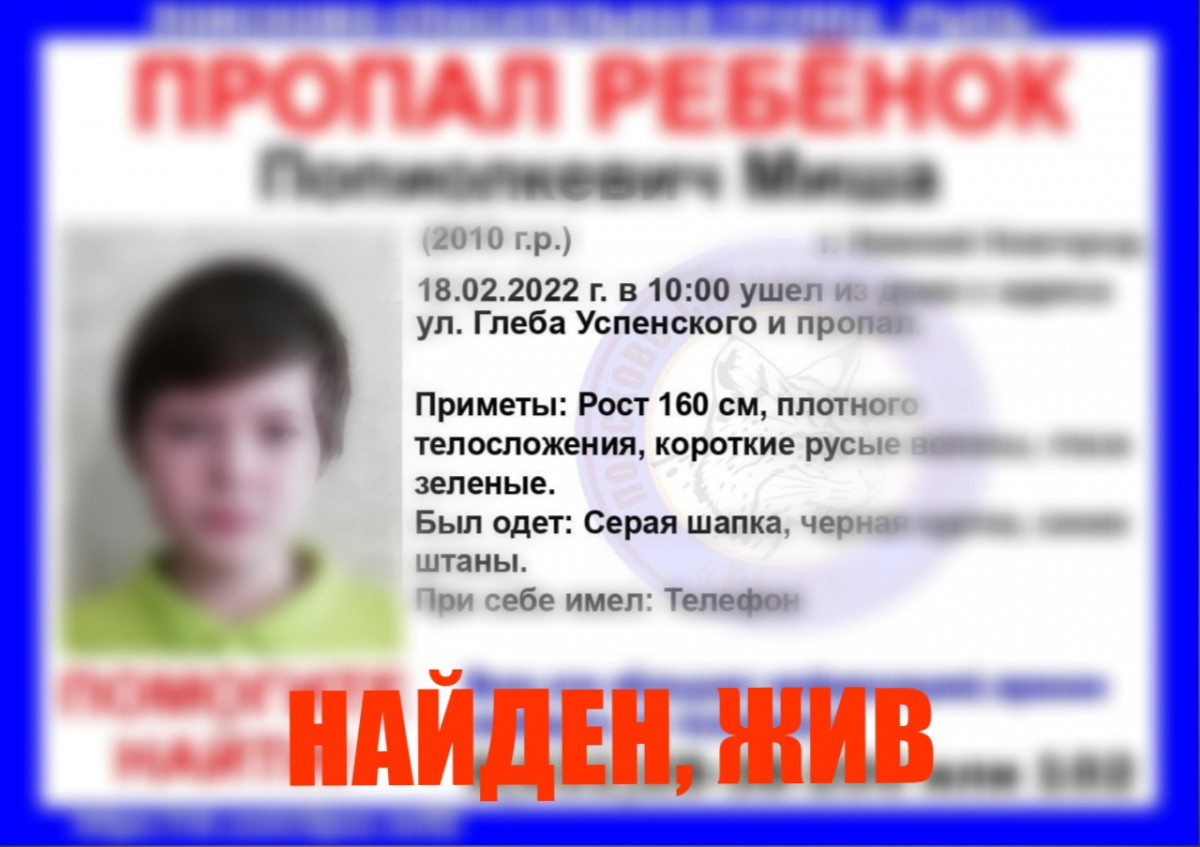 Пропавшего в Нижнем Новгороде 12-летнего Мишу Попиолкевича нашли живым