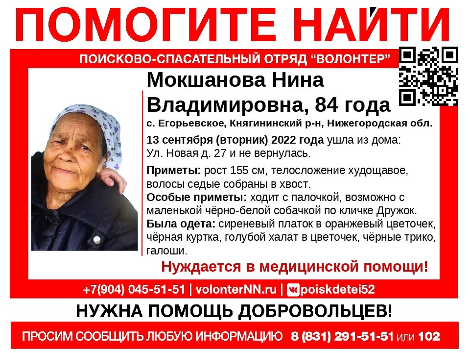 84-летняя Нина Мокшанова пропала в Княгининском районе