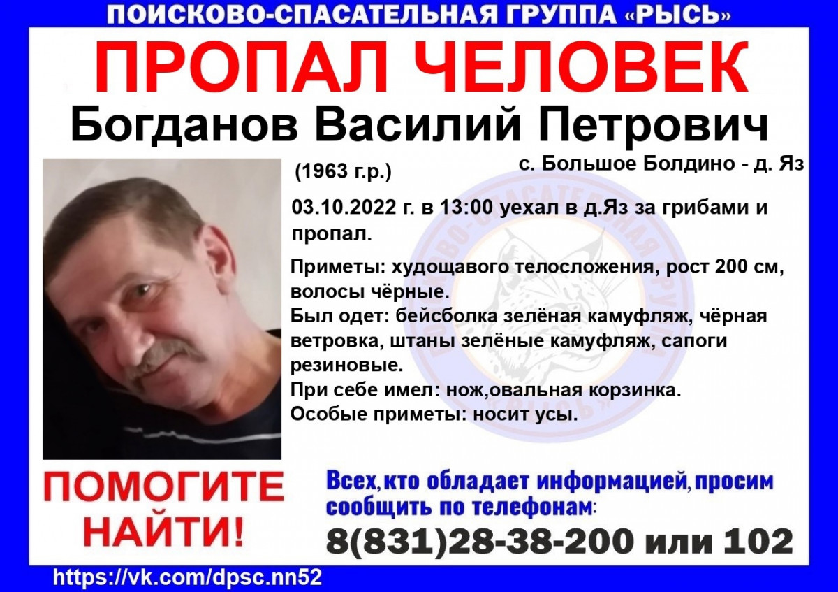 59-летний Василий Богданов пропал в лесу в Большеболдинском районе