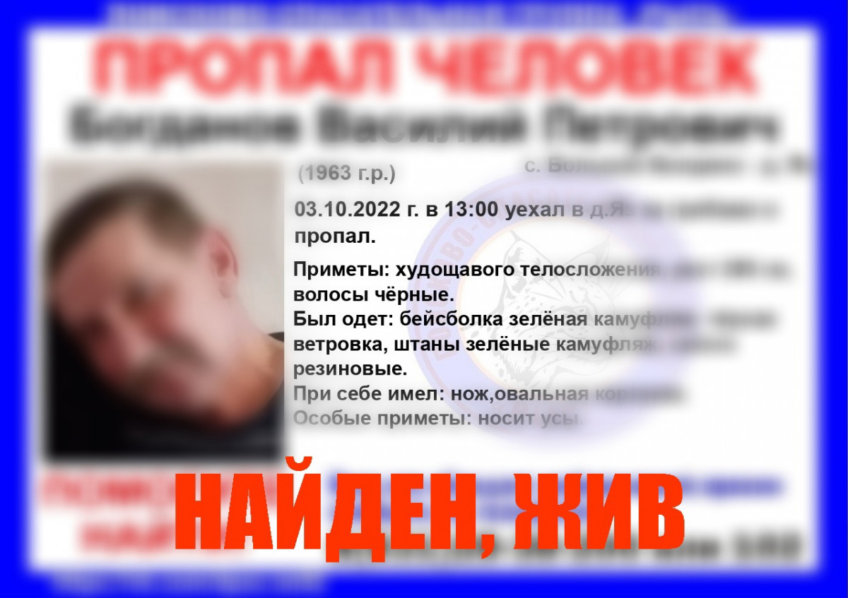 Василий Богданов, пропавший в Большеболдинском районе, найден живым
