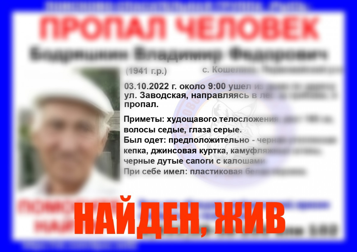 Пропавший в Первомайском районе Владимир Бодряшкин найден живым
