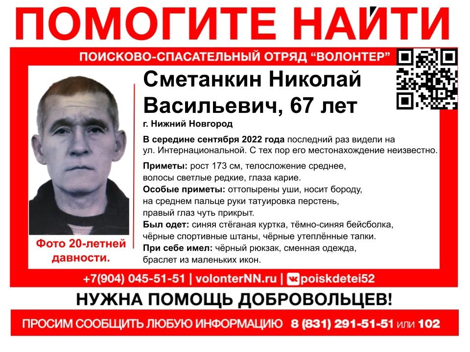 67-летний Николай Сметанкин пропал в Нижнем Новгороде