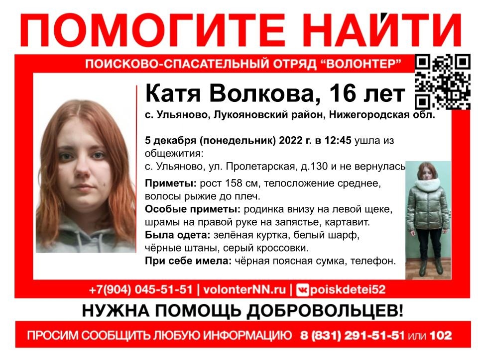 16-летняя Екатерина Волкова бесследно исчезла в Нижегородской области