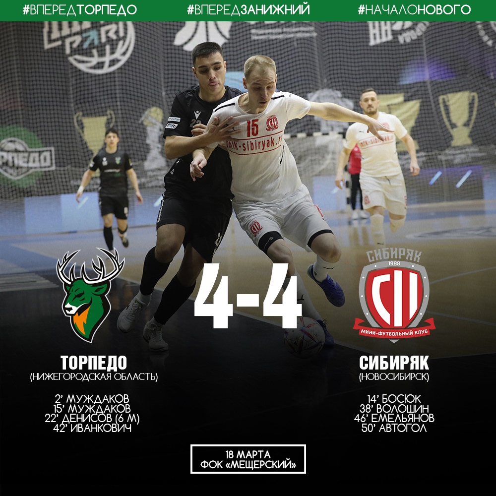 Нижегородское «Торпедо» сыграло вничью с «Сибиряком» во втором матче
