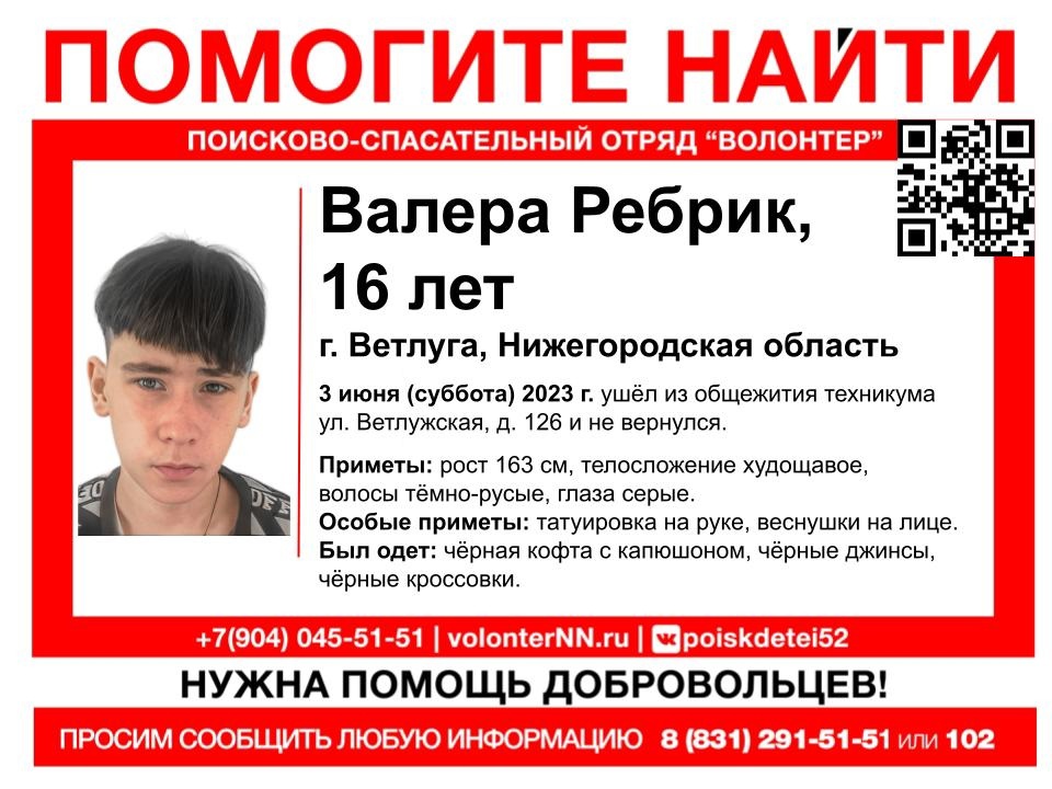 16-ти летний Валерий Ребрик пропал в Нижегородской области