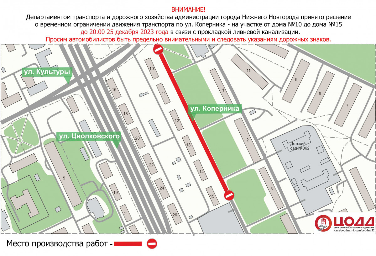 Движение транспорта ограничено на участке дороги на улице Коперника